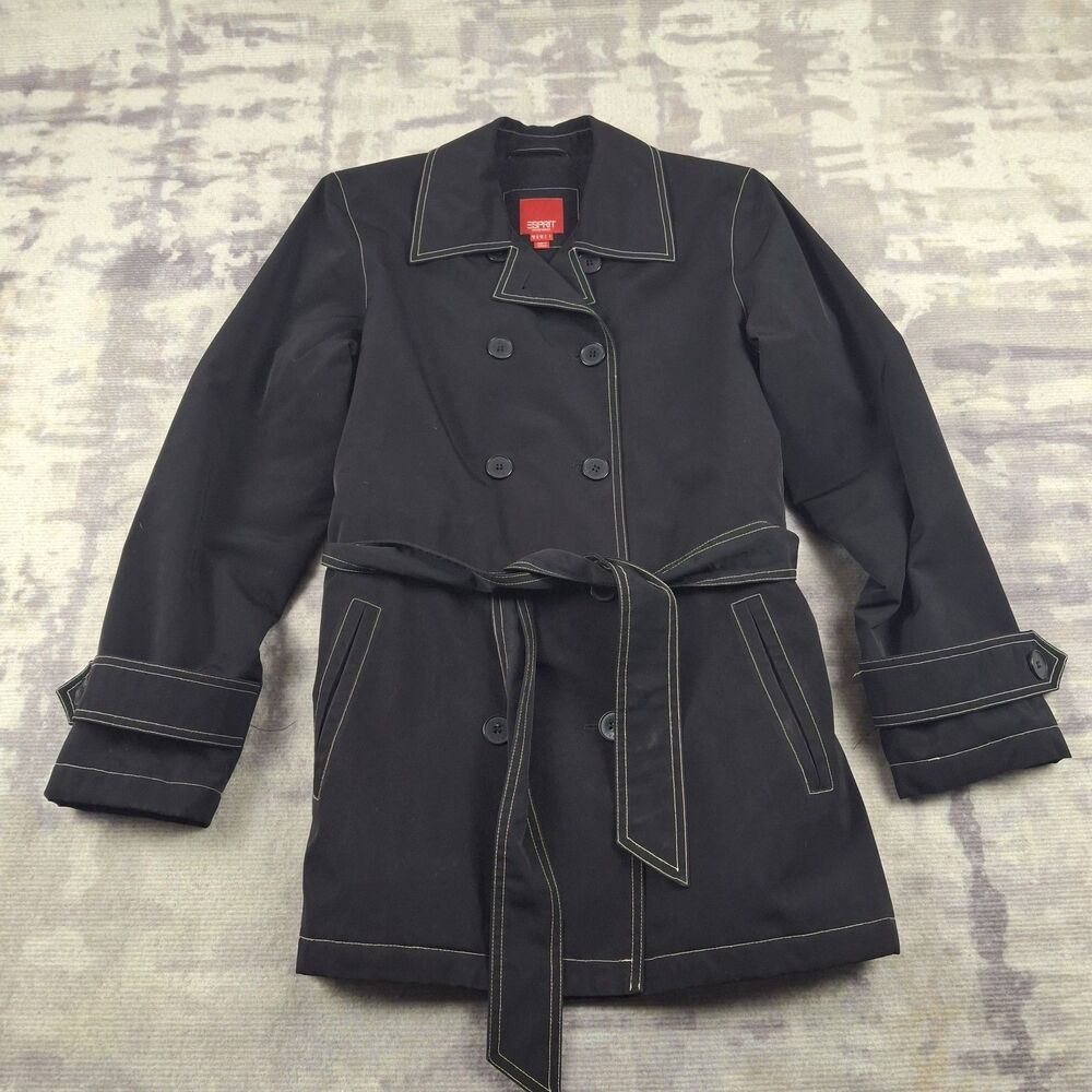 Esprit Womens Black Trench Coat Size M Double Breasted Contrast Stitch Belted